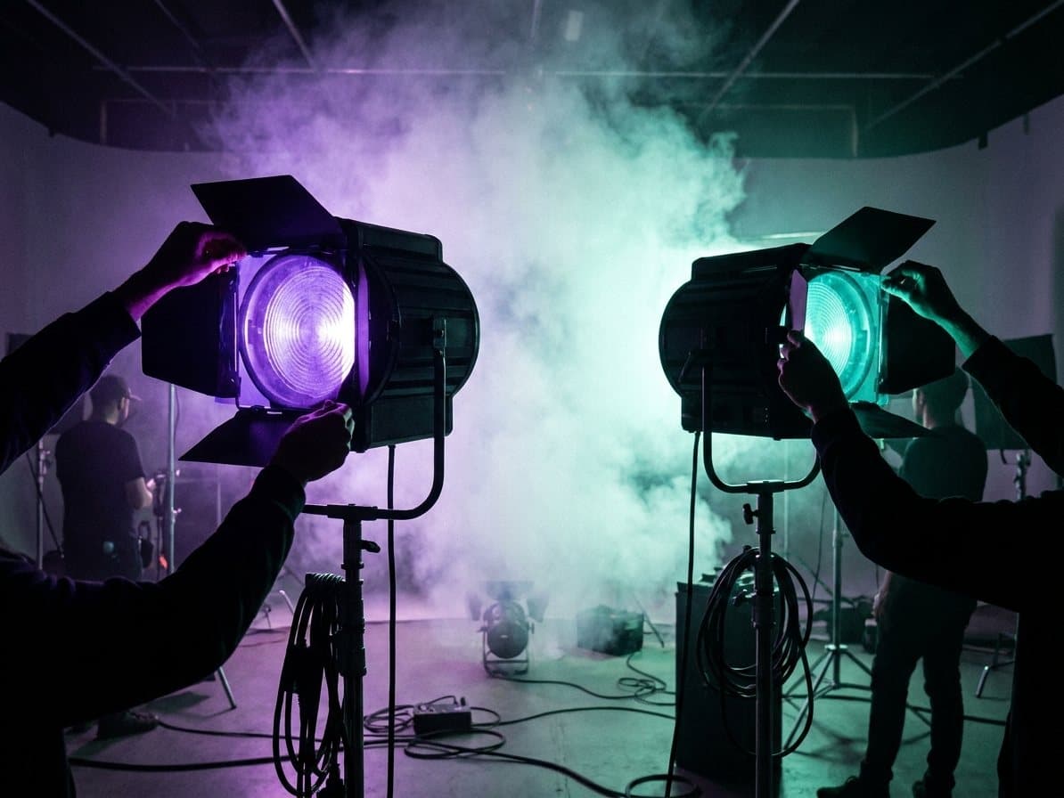 Backstage-Lichtaufbau mit Farbfolie, KI-gestützt erstellt